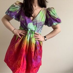 Plenty by Tracy Reese Puff-Sleeve Surplice Watercolor Tie Dye Dress M Anthro